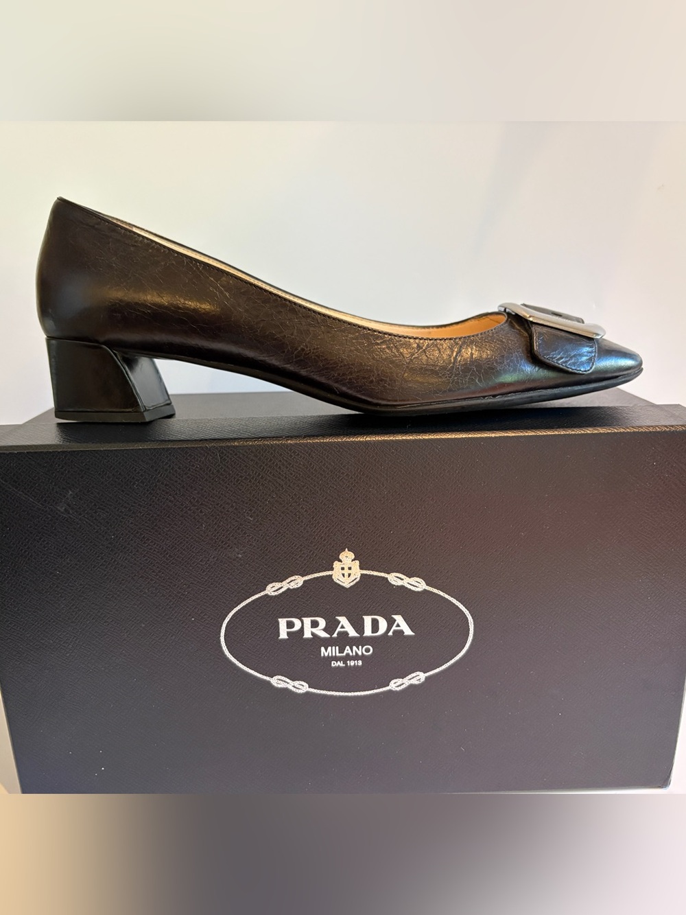 PRADA Black Vitello Shine Leather Buckle Block Heel Pumps - Size 40